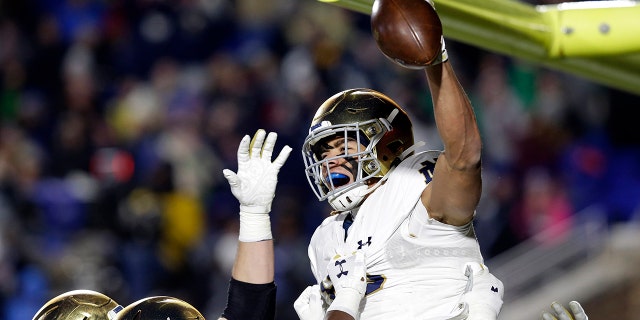 Notre Dame wide receiver Chase Claypool (83) celebrates a touchdown against Duke during the first half of an NCAA college football game in Durham, N.C., Saturday, Nov. 9, 2019. (AP Photo/Gerry Broome)