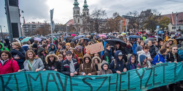 Following the call of Fridays For Future Hungary and Extinction Rebellion Hungary, young environmentalists demonstrate to demand measures against climate change in Budapest, Hungary, Nov. 29, 2019. The banner says "climatic emergency."