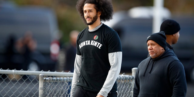 Free-agent quarterback Colin Kaepernick arrives at a workout for NFL football scouts and media, Saturday, Nov. 16, 2019, in Riverdale, Ga. (AP Photo/Todd Kirkland)