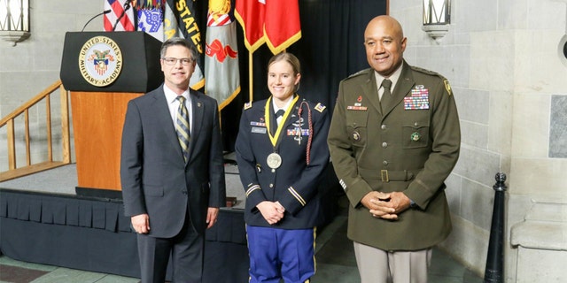 Lt. Gen. Darryl A. Williams, superintendent of the U.S. Military Academy, and Todd Browne, West Point Association of Graduates president, presented the award. (U.S. Army photo by Brandon O'Connor)