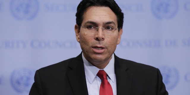 Danny Danon speaks to journalists on the Downing of the Syrian Airplane at the UN Headquarters in New York City, New York, July 24, 2018. (Photo by EuropaNewswire/Gado/Getty Images)