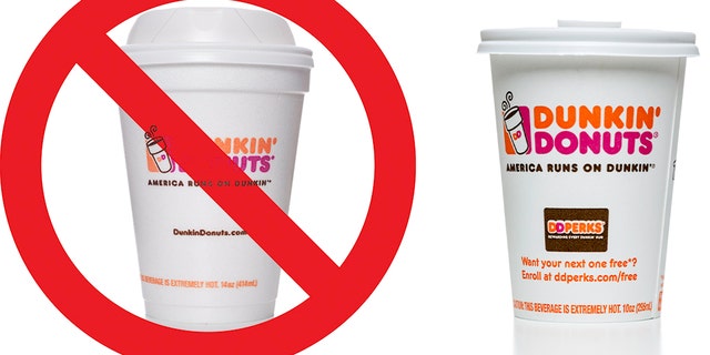 The Dunkin’ coffee chain is moving to eliminate its polystyrene cups because foam isn’t sustainable, so customers in New England will have to do without a “double cup” for their iced drinks. (FILE)