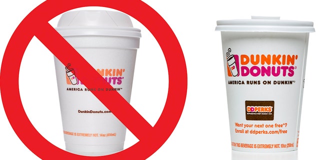 The Dunkin’ coffee chain is moving to eliminate its polystyrene cups because foam isn’t sustainable, so customers in New England will have to do without a “double cup” for their iced drinks. (FILE)