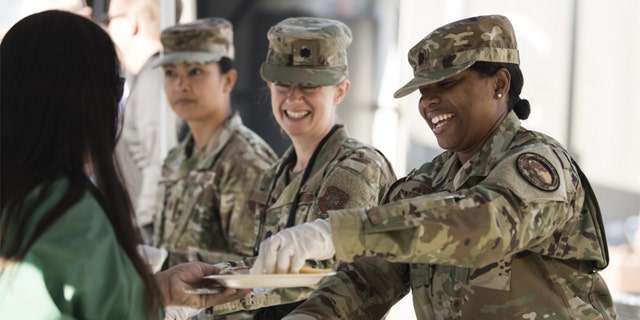 Vandenberg Air Force Base members served breakfast during the 2019 Santa Barbara County Veteran Stand Down event. (U.S. Air Force photo by Airman 1st Class Hanah Abercrombie)