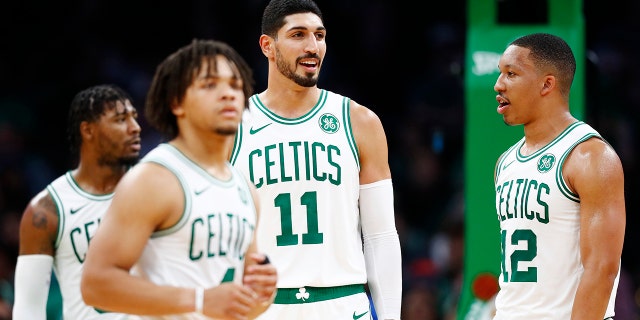 Enes Kanter #11 of the Boston Celtics reacts during the third quarter of the game against the Charlotte Hornets at TD Garden on October 06, 2019 in Boston, Massachusetts.