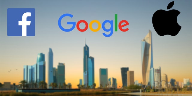 Photo illustration - the logos of Facebook, Google and Apple and the skyline of Kuwait City. (iStock)