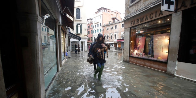 A Venetian citizen carries her dog Nana as she walks in a flooded street of Venice, Italy on Sunday.
