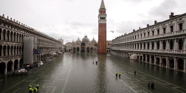 An overview of an empty St.Mark's Square from the Correr Museum, in Venice, Italy, Sunday, Nov. 17, 2019.