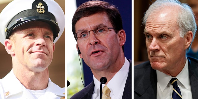 Defense Secretary Mark Esper (center) fired Navy Secretary Richard Spencer (right) Sunday over his mishandling of the highly controversial war crimes case involving Navy SEAL Eddie Gallagher.