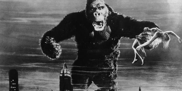 One of John Cerisoli's models of the giant ape, poised above the New York skyline in a scene from the classic monster movie "King Kong." In one of his enormous hands is leading lady Fay Wray, the film's heroine.