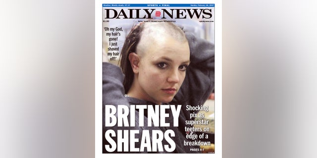 Daily News front page February 18, 2007, Headline: BRITNEY SHEARS, Shocking pix as superstar teeters on edge of a breakdown, 'Oh my God, my hair's gone! I just shaved my hair off!', Britney Spears.