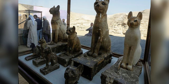 Cat statues that were found inside a cache, at the Saqqara area near its necropolis, are pictured in Giza, Egypt, Saturday. (REUTERS/Hayam Adel)