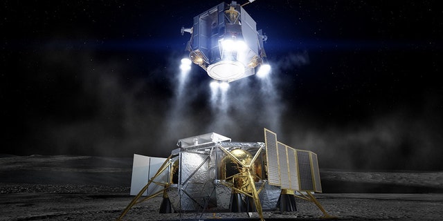 Following exploration of the lunar surface by astronauts, the crew lifts off from the moon inside the Ascent Element in this artist concept. The Descent Element remains on the moon having already performed its role of flying the crew from lunar orbit to the surface. (Credit: Boeing)