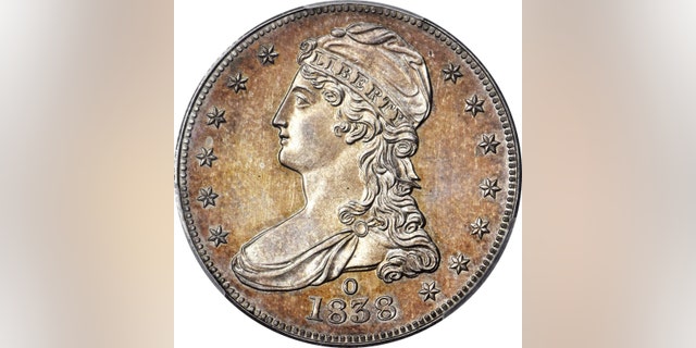 The front of the 1838-O Capped Bust half-dollar coin.