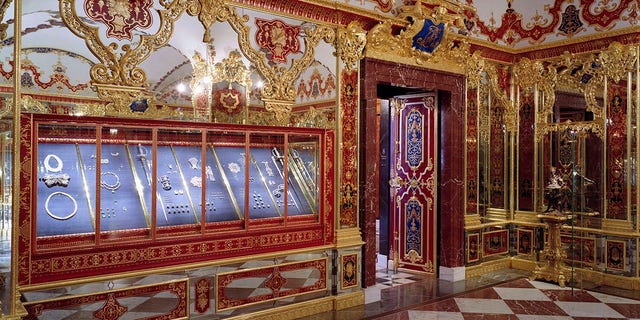 This undated photo provided by the State Art Collection in Dresden on Monday, Nov. 25, 2019, shows the Jewellery Room of the Green Vault with the display cases, left, showing the part of the collection that was affected by the robbery early Monday, Nov. 25, 2019 morning in Dresden. (Staatliche Kunstsammlungen Dresden/David Brandt via AP)