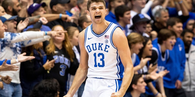 Duke's Joey Baker (13) reacts to a play during the second half of the team's NCAA college basketball game against Georgia State in Durham, N.C., Friday, Nov. 15, 2019. (AP Photo/Ben McKeown)