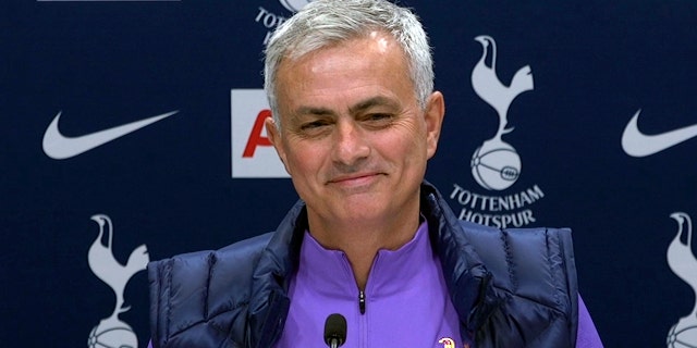 Image taken from PA Video showing newly appointed Tottenham Hotspur manager Jose Mourinho during a press conference at Tottenham Hotspur Training Centre, in London, Thursday Nov. 21, 2019. Mourinho is back in the English Premier League management by joining Tottenham. (PA Video/PA via AP)