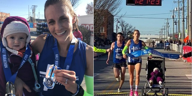 Julia Webb set the world record for a half marathon pushing a stroller Sunday in the Route 66 Marathon in Tulsa, Oklahoma.