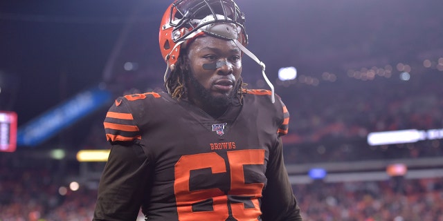 File-This Nov. 14, 2019 file photo shows Cleveland Browns defensive tackle Larry Ogunjobi walking off the field after he was ejected late in the fourth quarter of an NFL football game against the Pittsburgh Steelers in Cleveland. (AP Photo/David Richard, File)