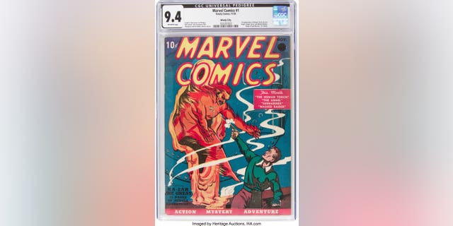 This Oct. 8, 2019 image provided by Heritage Auctions shows a rare near mint condition copy of the first Marvel Comics comic book. Heritage Auctions says the 1939 comic book sold for $1,260,000 million on Thursday Nov. 21, 2019. (Heritage Auctions via AP)