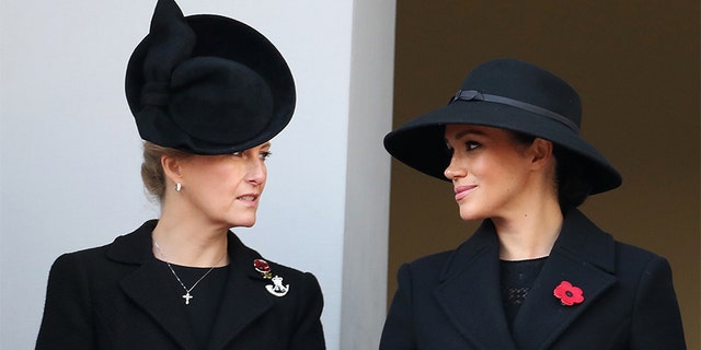 Sophie, countess of Wessex, and Meghan, duchess of Sussex, attend the annual Remembrance Sunday memorial at the Cenotaph in London this past weekend.