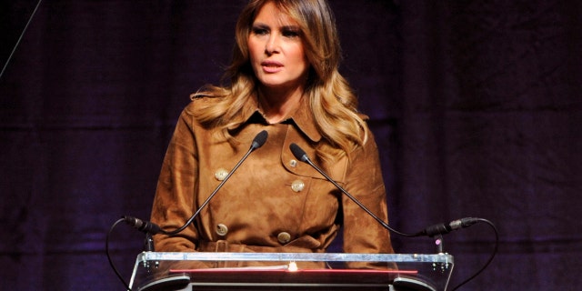 First lady Melania Trump speaks at the B'More Youth Summit Tuesday at the University of Maryland, Baltimore County. (Barbara Haddock Taylor/The Baltimore Sun via AP)