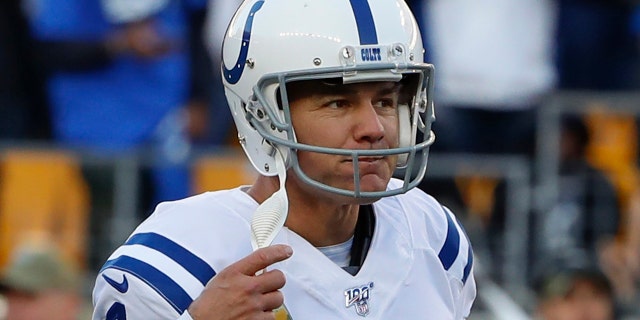 Indianapolis Colts kicker Adam Vinatieri (4) reacts as his field goal-attempt goes wide during the second half an NFL football game against the Pittsburgh Steelers, Sunday, Nov. 3, 2019, in Pittsburgh. (AP Photo/Gene J. Puskar)