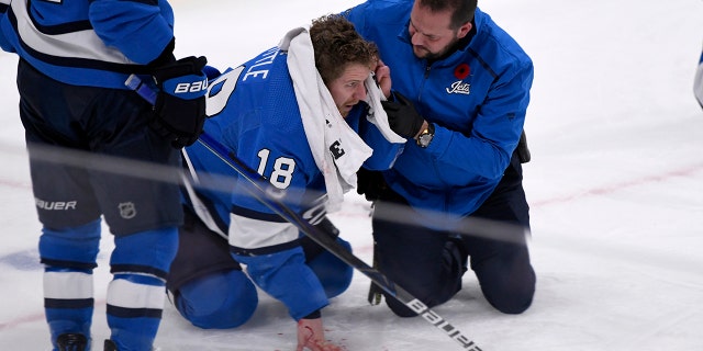 Winnipeg Jets' Bryan Little (18) is helped after getting hit in the head with the puck against the New Jersey Devils during the third period of an NHL hockey game, Tuesday, Nov. 5, 2019 in Winnipeg, Manitoba.