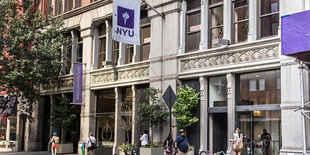 New York City, New York, USA - September 13, 2013: Street view of New York University NYU in Greenwich Village Manhattan. There are people visible in this image.