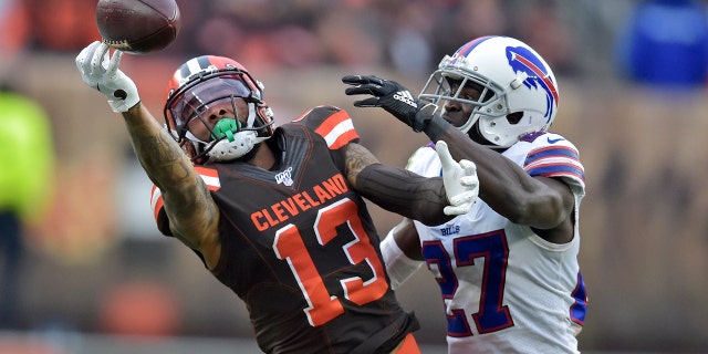 Buffalo Bills cornerback Tre'Davious White (27) breaks up a pass intended for Cleveland Browns wide receiver Odell Beckham Jr. (13) during the second half of an NFL football game, Sunday, Nov. 10, 2019, in Cleveland. (AP Photo/David Richard)