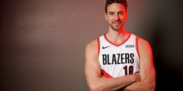 FILE - In this Sept. 30, 2019, file photo, Portland Trail Blazers' Pau Gasol poses during the NBA basketball team's media day in Portland, Ore. The Blazers have waived Gasol, but his career with the team may not be over. Gasol, who never played in a game with the Blazers, announced on social media Tuesday, Nov. 20, that the team had released him. Gasol said he plans to remain in Portland to continue his rehabilitation after surgery for a stress fracture, and he is discussing a new role with the Trail Blazers. (AP Photo/Sam Ortega, File)