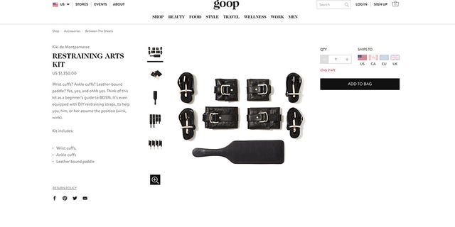 A BDSM-inspired kit includes leather wrist and ankle cuffs and a leather-bound paddle. (Photo: Goop)