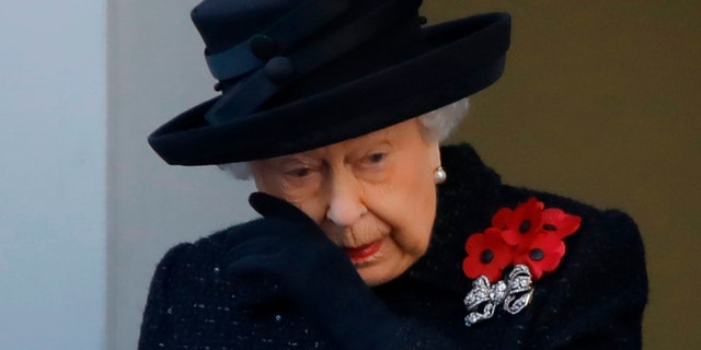 Britain's Queen Elizabeth II attends the Remembrance Sunday ceremony at the Cenotaph on Whitehall in central London, on Nov. 10, 2019.