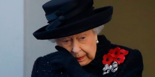 Britain's Queen Elizabeth II attends the Remembrance Sunday ceremony at the Cenotaph on Whitehall in central London, on Nov. 10, 2019.