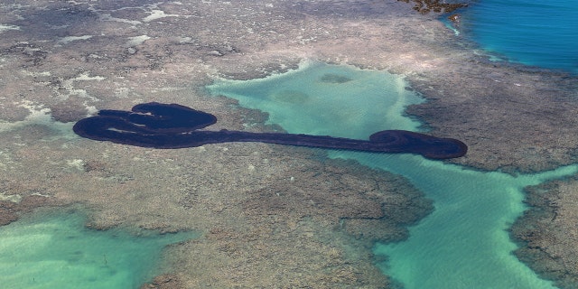 A general view of an oil spill on Peroba beach in Maragogi, Alagoas state, in northeastern Brazil. (Reuters)