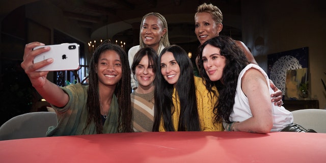 'Facebook Red Table Talk' host Jada Pinkett Smith with Willow Smith, Gammy, Demi Moore, Rumer Willis, Tallulah Wiilis.