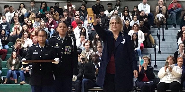 The Purple Heart was shown to students at a Veterans Days ceremony at the school in San Antonio, Texas, that bore his name.