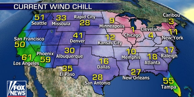 Bitter wind chills extend across much of the eastern U.S due to an arctic airmass on Wednesday morning.