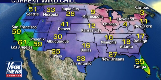 Bitter wind chills extend across much of the eastern U.S due to an arctic airmass on Wednesday morning.