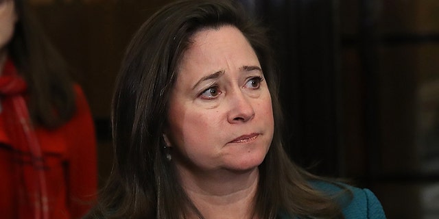 Virginia House of Delegates candidate Shelly Simonds speaks to members of the press following a meeting of the Virginia State Board of Elections in 2018. (Photo by Win McNamee/Getty Images)