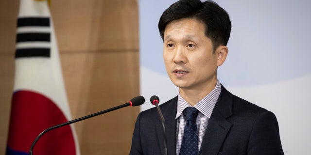 South Korean Unification Ministry spokesman Lee Sang-min briefs the media at a government complex in downtown Seoul, South Korea, Thursday, Nov. 7, 2019.