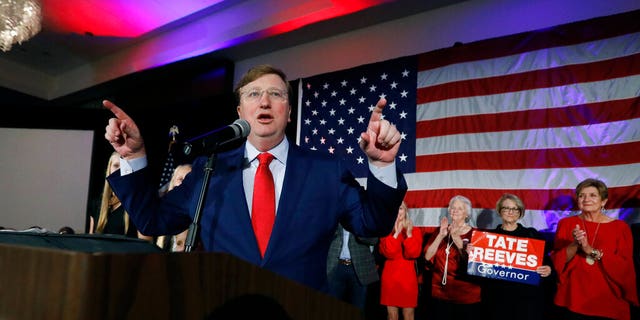 Republican Gov.-elect Tate Reeves addresses his supporters at a state GOP election night event, Tuesday, Nov. 5, 2019, in Jackson, Miss. Reeves defeated Democratic Attorney General Jim Hood. (AP Photo/Rogelio V. Solis)