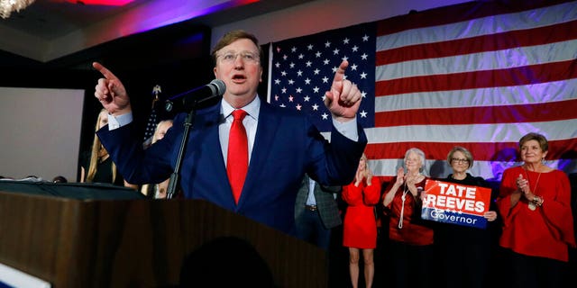 Republican Gov.-elect Tate Reeves addresses his supporters at a state GOP election night event, Tuesday, Nov. 5, 2019, in Jackson, Miss. Reeves defeated Democratic Attorney General Jim Hood. (AP Photo/Rogelio V. Solis)