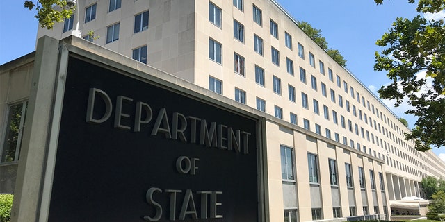 Sign at the State Department building in Washington, D.C., July 19, 2019.