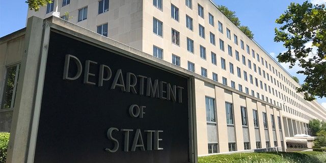 Sign at the State Department building in Washington, D.C., July 19, 2019.