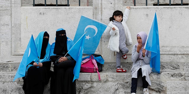 Uighur women hold East Turkestan flags at the courtyard of Fatih Mosque, a common meeting place for pro-Islamist demonstrators, during a protest against China, in Istanbul, Turkey, November 6, 2018. REUTERS/Murad Sezer 