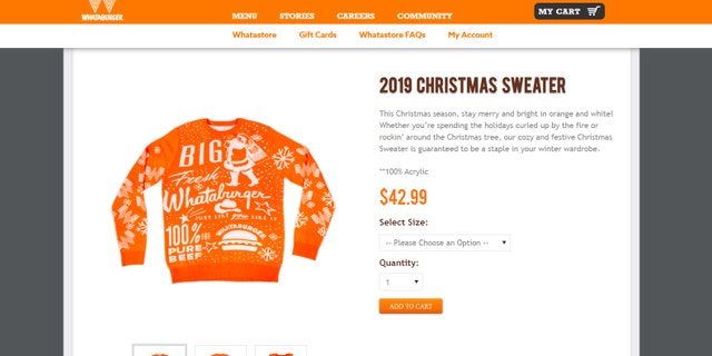 The phrases “100 percent pure beef” and “Just the way you like it” adorn the front of the sweater, along with images of Santa, cheeseburgers and snowflakes.