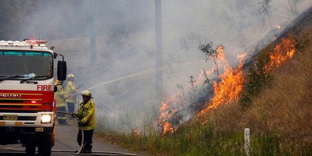 In Monday, Nov. 11, 2019, photo, firefighters work on a controlled burn in Koorainghat, New South Wales state, Australia.