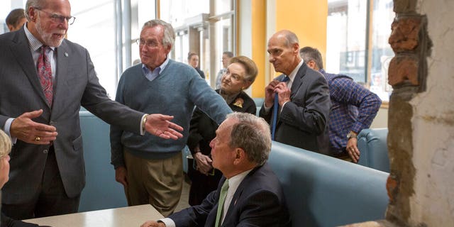 Democratic Presidential candidate Michael Bloomberg talks with patrons at the D'egg Diner during his campaign stop in Norfolk, Va., Monday, Nov. 25, 2019. (AP Photo/Bill Tiernan)