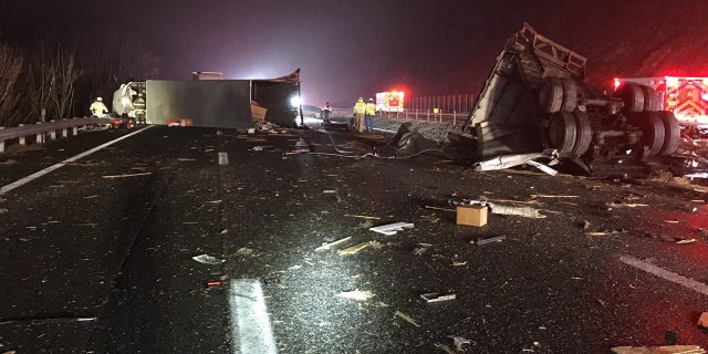 Damage to the truck is evident in Virginia on Sunday after a multiple vehicle accident on Interstate 64.